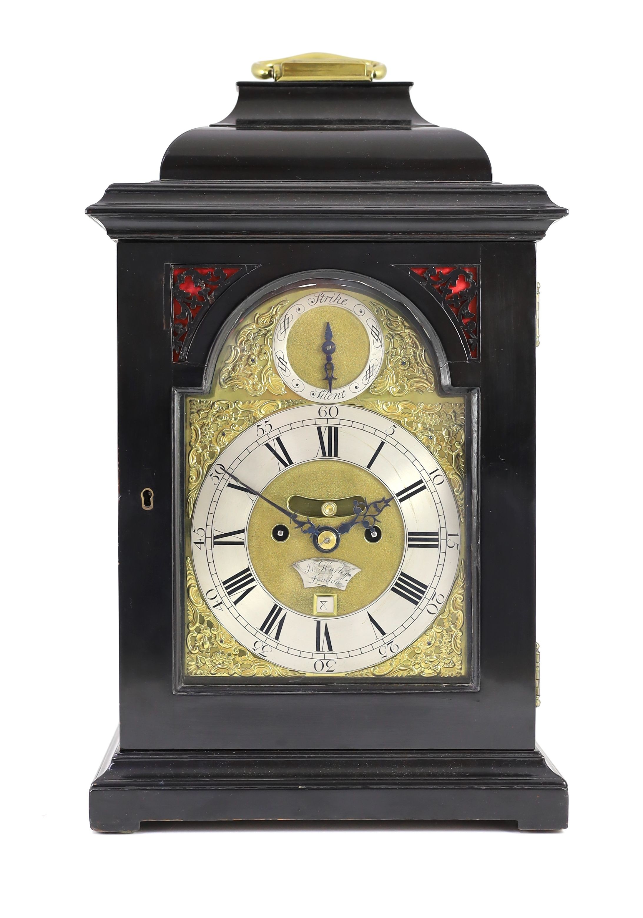 Isaac of Hurley of London. A George III ebonised eight day hour repeating bracket clock, width 28cm depth 18cm height 47cm